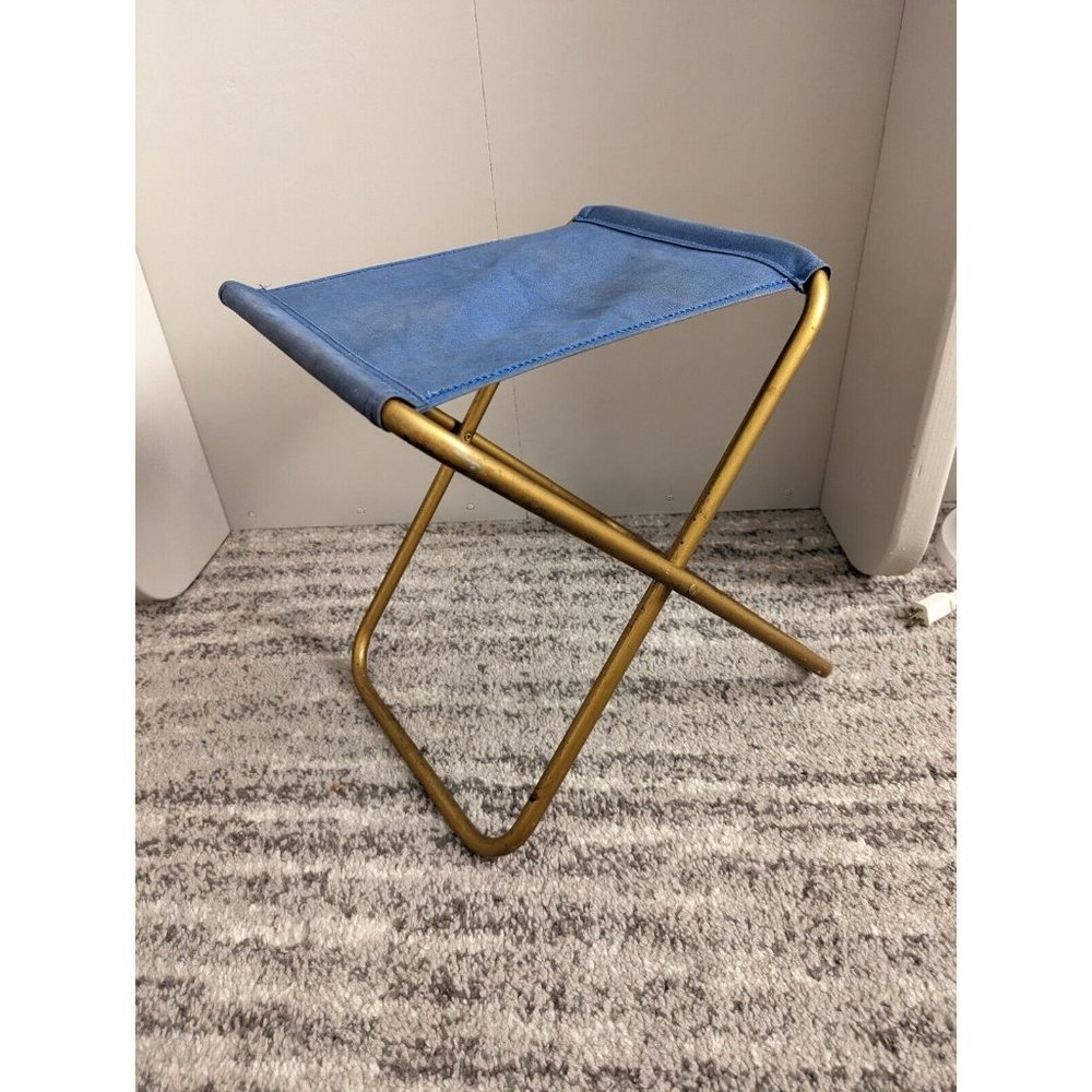 Lafuma Folding Stool Vintage Brass Blue Camping Beach Sports Compact Portable - Picture 6 of 7